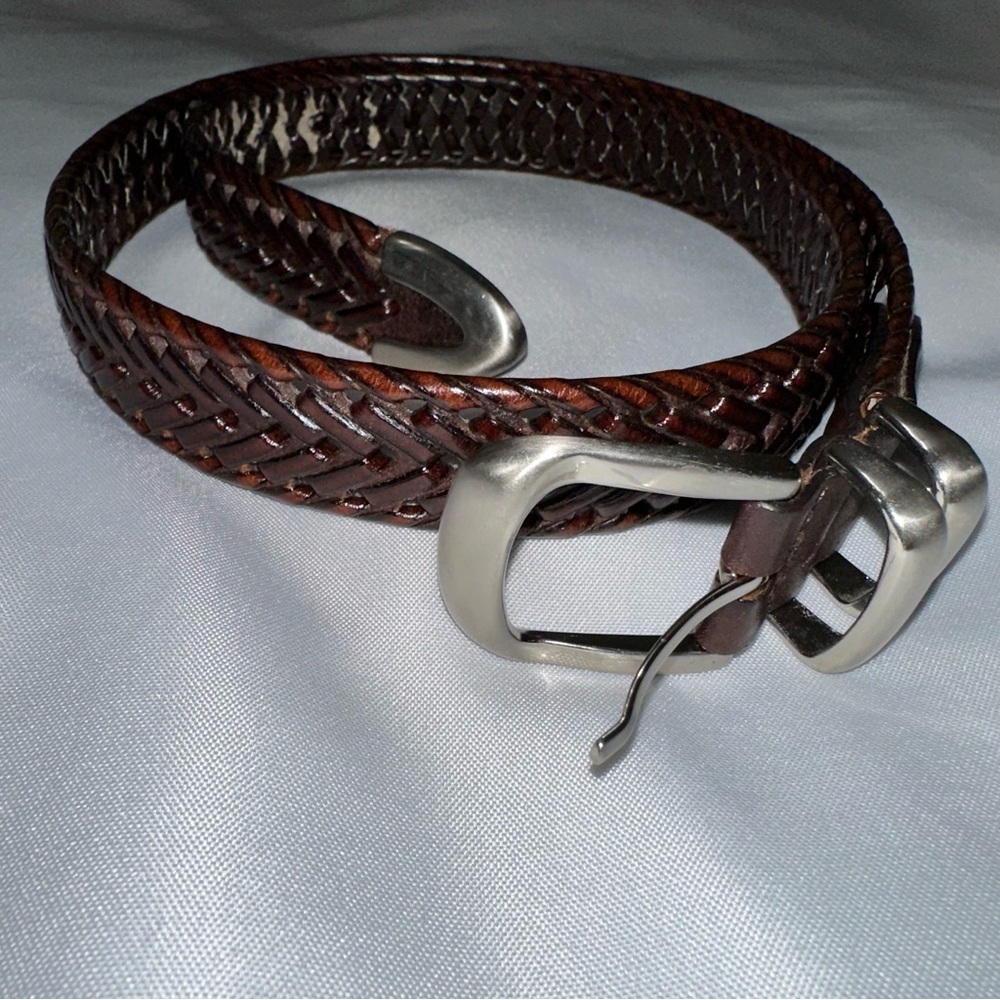 Men's Brown Braided Leather Belt size 34 silver‎ buckle